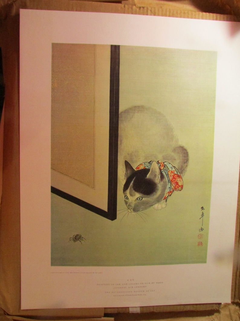 May include: A vintage art print featuring a cat with a black and white head, wearing a red and blue patterned collar, peering at a spider. The print has a soft green background and a traditional Japanese style.