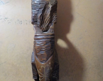 Vintage Wood Carved African Drummer Boy Man Figurine 14 Inches Tall Free USA Shipping