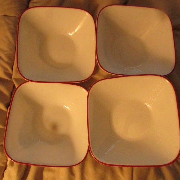Corelle Vitrelle Splendor White Red Rim 6 1/2" Square Set of 4 Soup Cereal Bowls Free USA Shipping