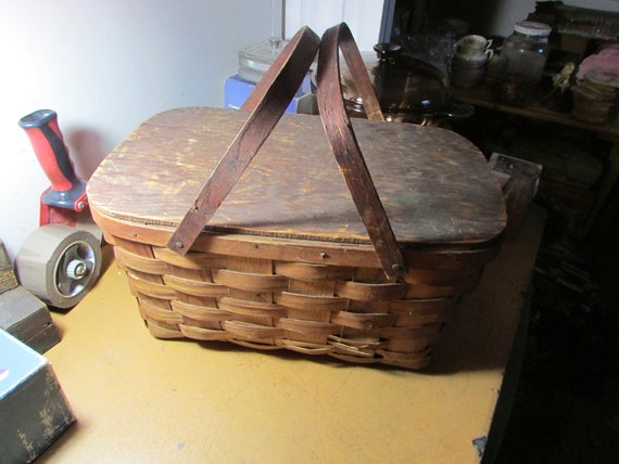 Vintage Wood Wicker 2 Handle Picnic Basket Countr… - image 2