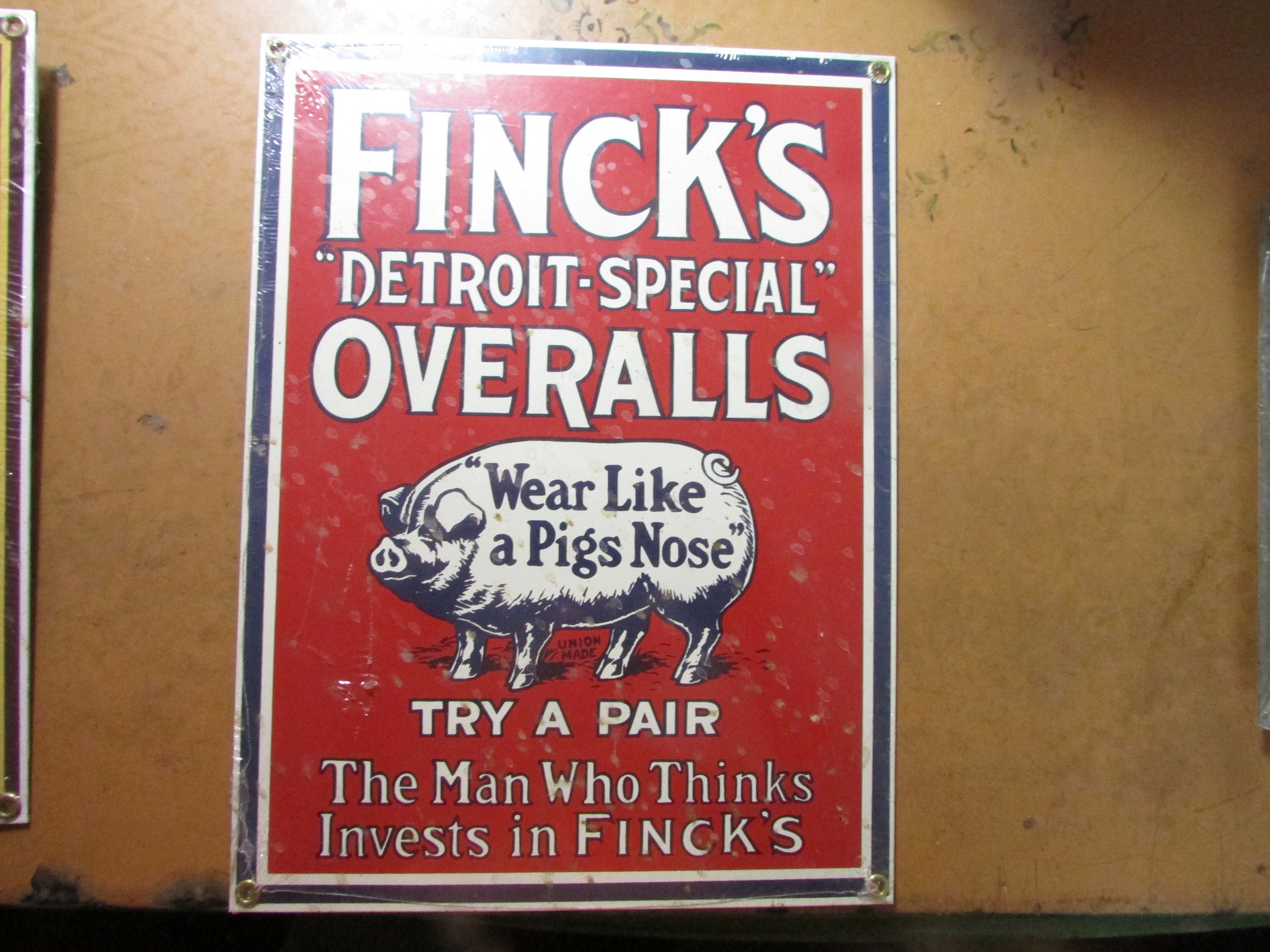 FINCK'S OVERALLS 90s リプロダクト ビンテージ サイン 看板 FINCK'S OVERALLS ADVERTISING SIGN - 古着屋 ｜ mushroom