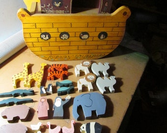 Vintage Folk Art Hand Made Wood Noah's Ark Hand Crafted With Wood Carved Animals Noah & Misses Noah Free USA Shipping