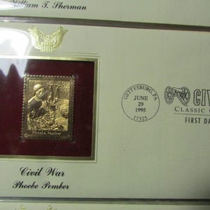 May include: A gold-colored Civil War stamp featuring Phoebe Pember, set in a burgundy frame. The stamp is part of the Classic Collection, with the text "First Day of Issue" and a Gettysburg, PA postmark dated June 29, 1995.