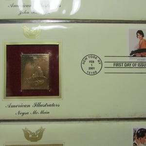 May include: A collection of envelopes and stamps. One envelope features a gold-colored stamp with a portrait and the text "American Illustrators Neysa McMein." Another envelope has a stamp with a woman and the text "First Day of Issue."