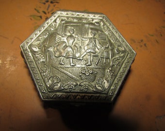 Vintage Oxagon Shape Silver Stamped Japan Decorative Jewelry Box Casket Box Free USA Shipping