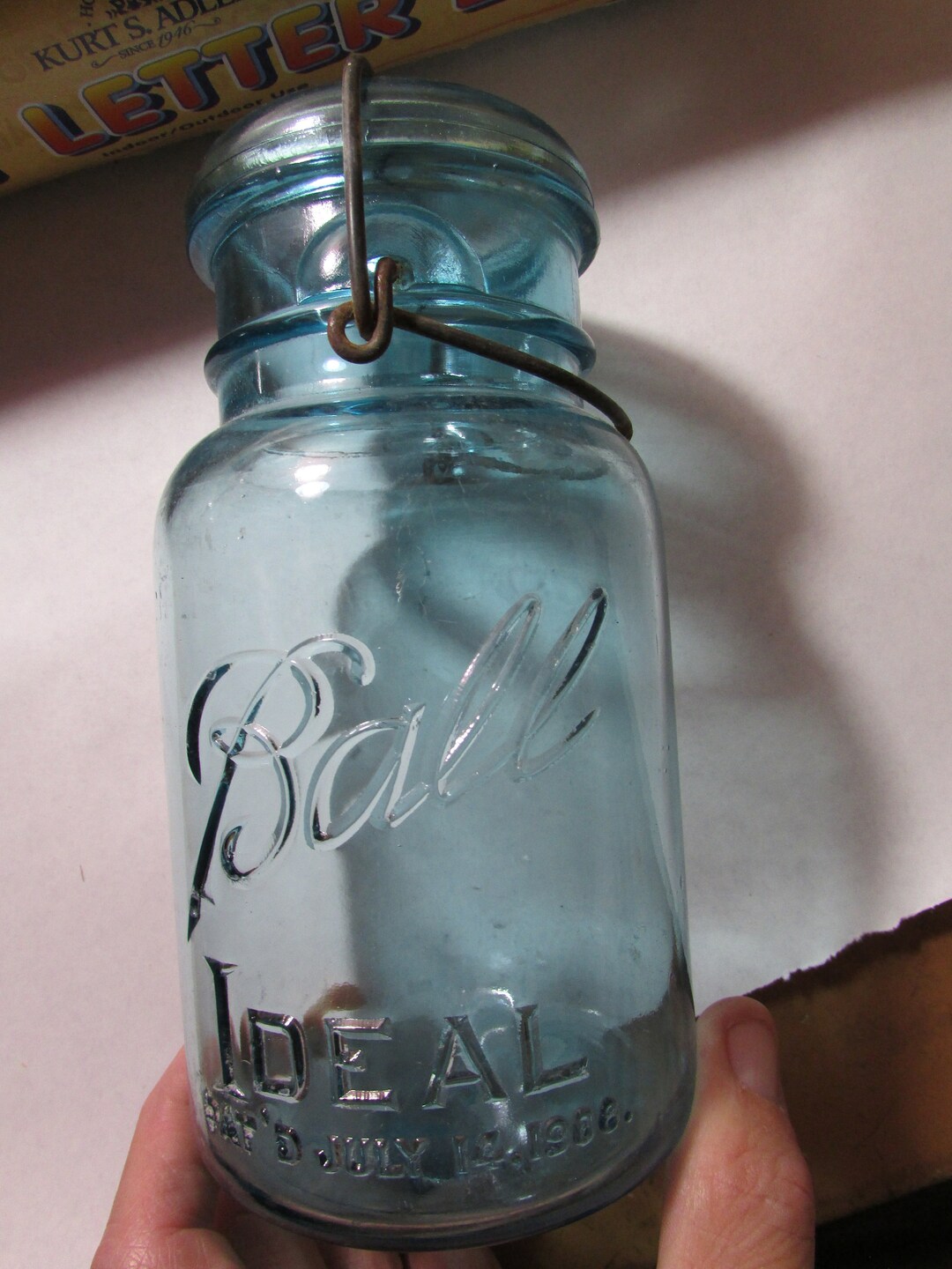 Vintage Qt Ball Ideal Pat July 14 1908 Aqua Mason Canning Jar Blue 7