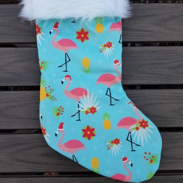 Pineapple, flamingo, 17 inch, fully lined and  faux fur trimmed, cotton, Christmas stocking
