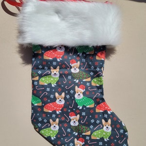Welsh corgi , pet ,Christmas sweater , fully lined fur trim 17 inch stocking