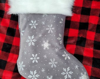 Metalic Silver, super soft snowflake, 17 inch, satin lined with white faux fur trim, Christmas stocking