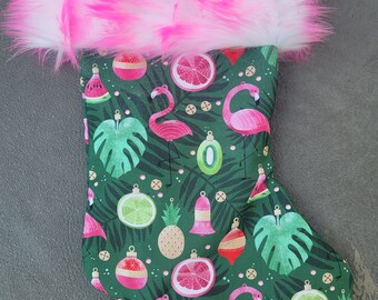 Pink flamingo, tropical, Christmas stocking trimmed with hot pink faux fur