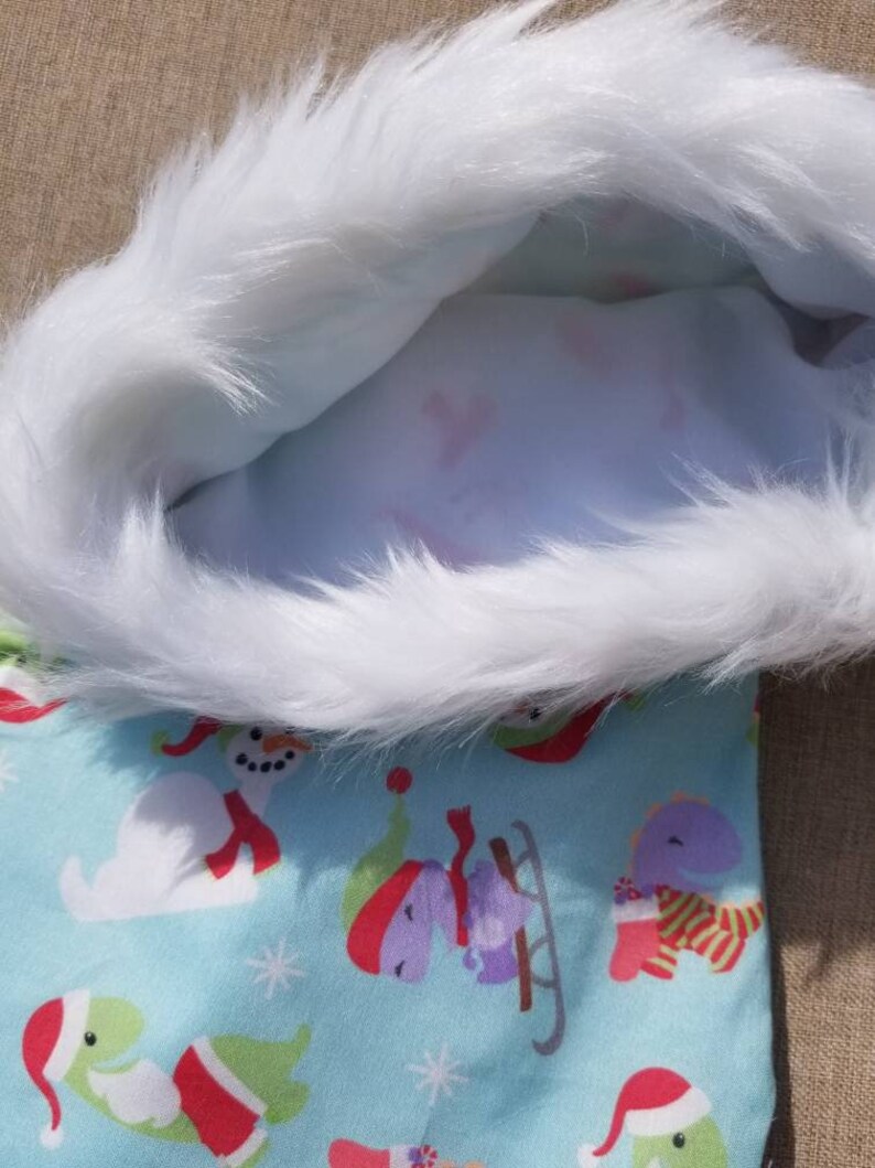 17 inch Christmas dinosaur blue fully lined fur trimmed stocking