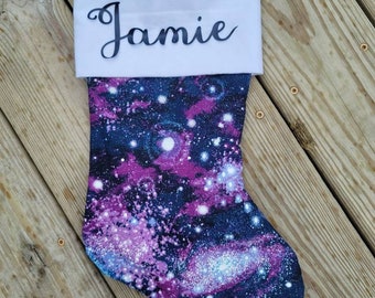 Personalized, glitter purple galaxy, with fleece top and lined with satin 17 inch fully lined, Christmas stocking, outer space