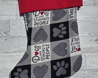 Dog christmas stocking, flannel print and trim 17 inch stocking