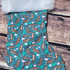 Sea otter  small print   17 inch, pink satin, fully lined  and faux fur trimmed, Christmas stocking