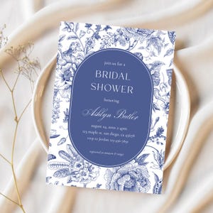 Printable Elegant Blue Toile Bridal Shower Invitation Template/ Instant Download/ Editable Blue Chinoiserie Bridal Shower/ Blue Floral