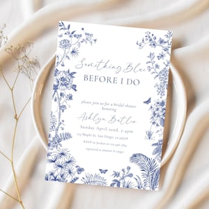 Blue Floral Toile Bridal Shower Invitation Template (Digital Download)