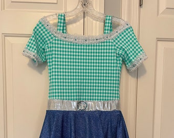 Girls Ice Dance Dress: Green Gingham, Denim Skirt, Size 14, hickory hoedown