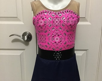Girls Size 10 Ice Dance Dress: Hot Pink Bandana top, Denim Skirt, Crystals