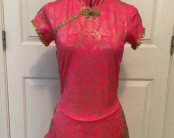 Asian inspired Ice Skating Dress: Watermelon Pink, Gold Appliques, Competition Costume