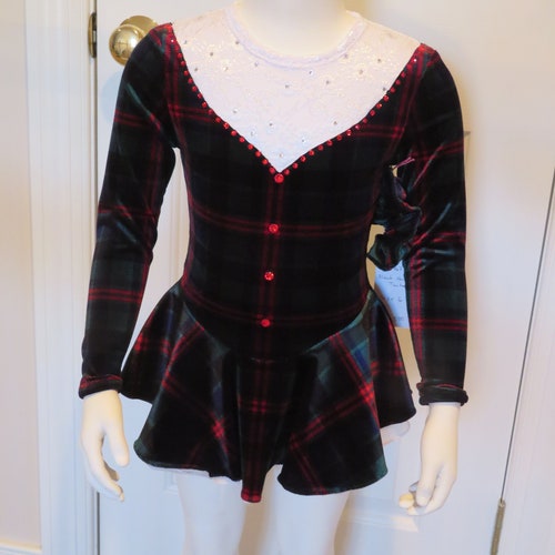 Girls size 6 child small ice figure skating dress holiday Christmas shops show, black red green blue plaid, velvet, long sleeve, white lace top