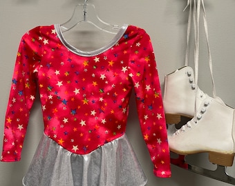 Girls Size 4 Ice Skating Dress: Red Star Print, Silver Skirt