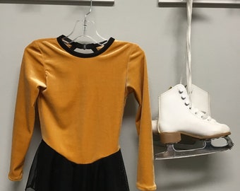 Girls Size 5 Ice Skating Dress, Golden Apricot Velvet, Black Mesh Skirt
