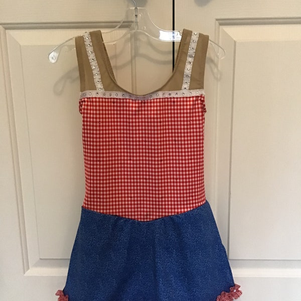 Girls size 12 child large ice dance figure skating Hoedown dress red gingham top denim skirt hickory hoedown, country music competition