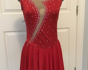 Red Crystal Figure Skating Dress: Adult Small Ice Dance Competition