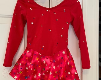 Girls Ice Skating Dress: Red Bodice, Tie Dye Star Skirt, Size 4