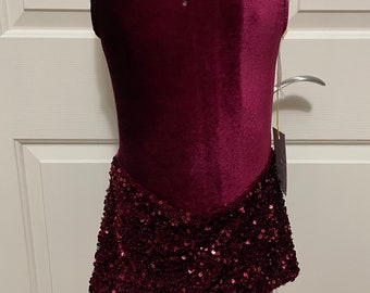 Size 8 Girls Ice Skating Dress: Burgundy stretch Velvet Sequin Skirt