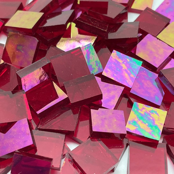 Ruby Red Iridescent Hand Cut, Stained Glass Mosaic Tiles