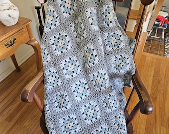 Crochet Afghan Blanket, Acrylic Yarn-Silvery granny throw