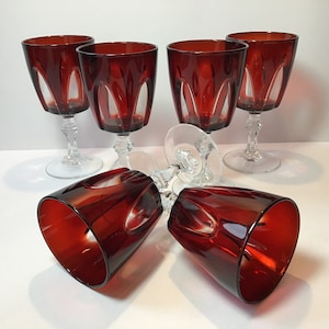 6 x 1970s Durand Cranberry Glass Wine Goblets. Crystal d’Arques Retro Wine Glasses. Ruby Cased Wine Glasses. Dinner Party Accessories-Gifts.