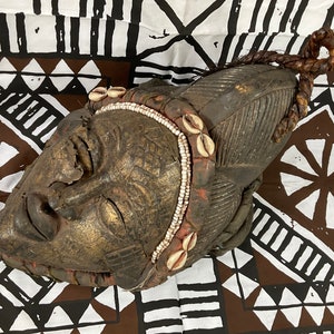 Antique Bronze Foil Punu Ceremonial Dance Mask c1850. Gabon/Congo West African Folk Art Carved Mask. Ancient Scarified Female Shrine Mask.