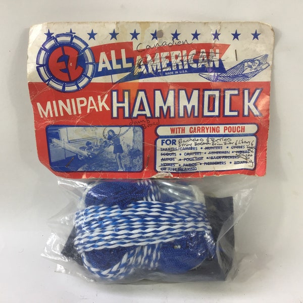 NOS Retro E-Z All American Minipak Hammock c1960s. Sports & Leisure Light Weight Hammock. Camping, Hiking, Fishing, Back Packing Hammock.