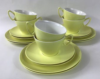 Rare Gaydon Melmex Tea Set For Six In Yellow & White c1962. Retro Melamine Tea or Coffee Cups-Saucers-Plates. Mid Century Modern Plastics.