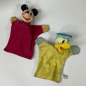 Jaren 50 Semco (Engeland) Walt Disney Mickey Mouse & Donald Duck Glove Puppets. Zeldzaam vintage Disney-speelgoed. Modern kinderspeelgoed uit het midden van de eeuw.