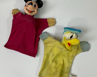 1950年代 セムコ（イギリス）製 ウォルト・ディズニー ミッキーマウス＆ドナルドダック グローブパペット。希少なヴィンテージディズニー玩具。ミッドセンチュリーモダンの子供用おもちゃ。