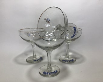 Original 1950er Jahre Babycham Gläser x 4.Champagne Coupés. Retro Babycham Champagner Perry Gläser. 1950er Jahre Bar Ware. Mid Century Modern Glaswaren.