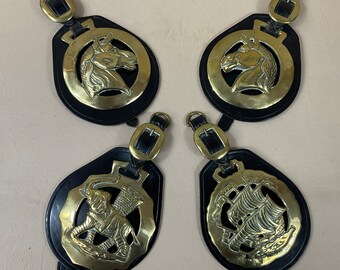 1 Pair Of Large Genuine Victorian Horse Brasses c1880s. Horses or Ship & Elephant. Retro Draught/Shire Horse Tack. Ex Brewery Horse Display.