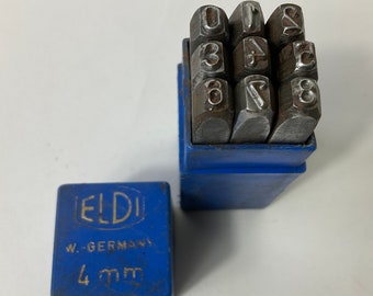 Juego de punzones numéricos Eldi de acero cementado de 9 piezas y 4 mm, c. 1960. Punzones retro de Alemania Occidental para marcar números en metal, madera y cuero. Manualidades.