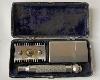 1921 kanadisches Gillette Old Type Single Ring Pocket Edition 501 Set. Muschelschale. Traditionelle Retro Rasierhobel für Herren. Rasiergeschenke für Männer