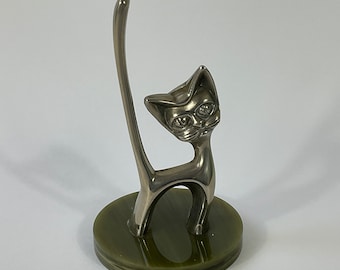 Seba Ware Siver Plated Cat Ring Stand c1950s. Silver Ring Tree. Cat Jewellery Storage. Mid Century Cat Ornament. Retro Pussy Cat Ring Holder