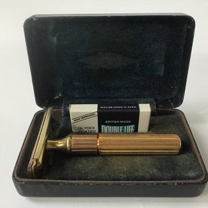Gillette Gold Plated Fat Handle Tech DE Safety Razor Set c1939-40. Mens Traditional Shaving. Vintage Shaving Equipment. Fathers Day Gifts.