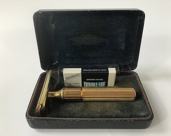 Gillette Gold Plated Fat Handle Tech DE Safety Razor Set c1939-40. Mens Traditional Shaving. Vintage Shaving Equipment. Fathers Day Gifts.