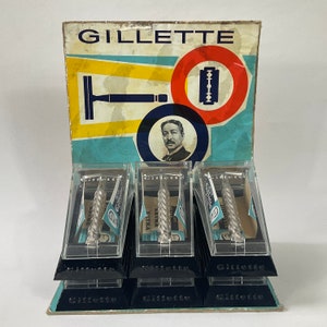 Unique 1961-62 Gillette All Nickel Heavy Tech Set Complete Shop Display. Traditional DE Shaving. Collectable Retro Shave Den Display Razors.