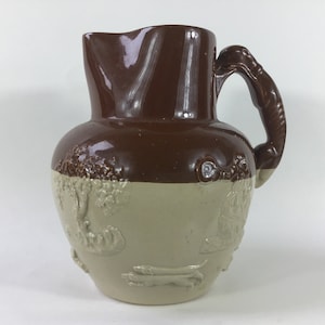 Seltener Bourne Denby Steingut Jagdkrug c1890-1910. Antiker Ale-Wein-Spirituosen-Whiskey-Wasser Krug. Hausbar Zubehör. Retro Geschenke für Männer.