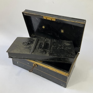 Large Victorian Steel Cash or Document Box c1880-1900. Toleware Steampunk Jewellery Box. Retro Steel Storage Box. Antique Home Decor Storage