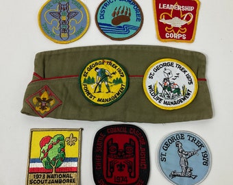 Boy Scouts of America Garrison Cap & Sew On Patch Set c1970s. BSA Badges-Patches. U.S. Boy Scout Collectables. Retro Scouting Ephemera Gifts