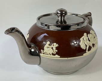 Gibsons Greek Pattern Pearlised Silver Staffordshire Tea Pot c1890s. Brown Betty Victorian Teapot. Antique Tea Pot. Retro Pottery-Tea Ware.